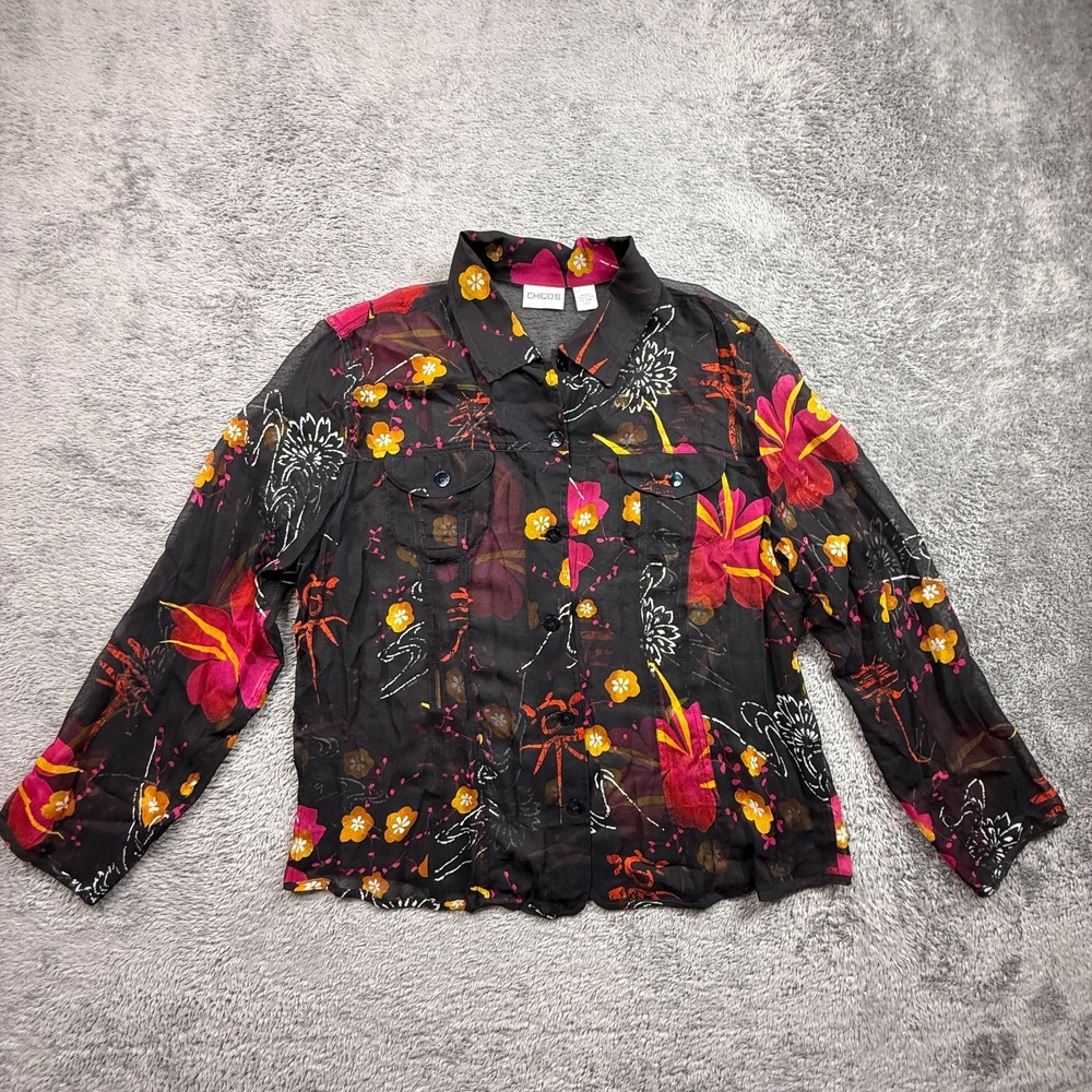 Chicos 100% Silk Sheer Button Up Womens 2 Floral Black Red Flap Pockets Fall